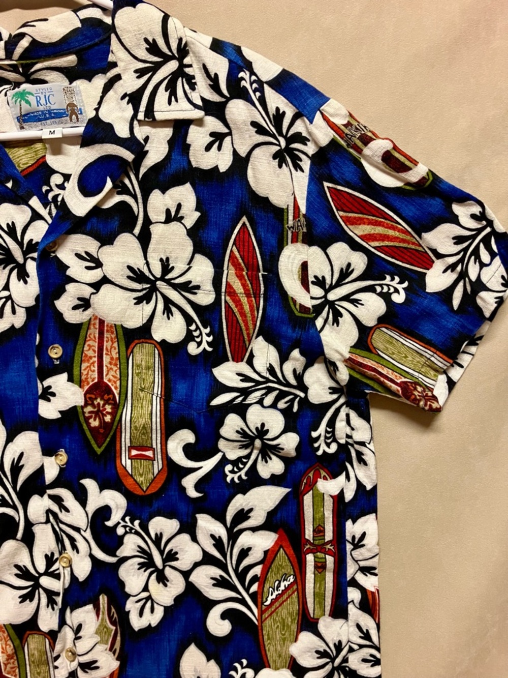 RJC Hawaii M Floral Shirt Blue White Hibiscus Hawaiian Mens Batik Surfboard